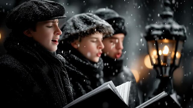 Young choirboys in black coats and newsboy caps performing Christmas carols, holding sheet music while snowflakes falling, street lamps glowing softly behind singing group