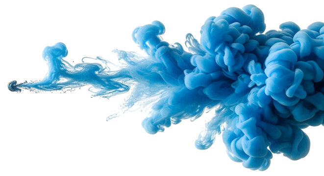 Bright blue ink cloud swirling and expanding in water with a dark background isolated on a transparent background