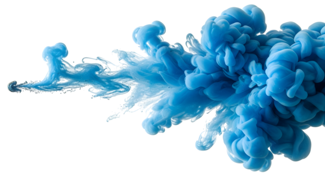 Bright blue ink cloud swirling and expanding in water with a dark background isolated on a transparent background