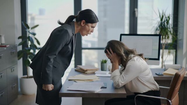 Stressed office worker golding head with hands and angry screaming supervisor standing behind and giving more workload and pressure.Slow Motion Video.AI Generative.