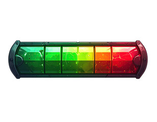 Cartoon-style, gradient progress bar with segmented colors from green to red, metal trim