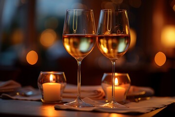 Two wine glasses filled with white wine and candles on a table in a dimly lit restaurant setting