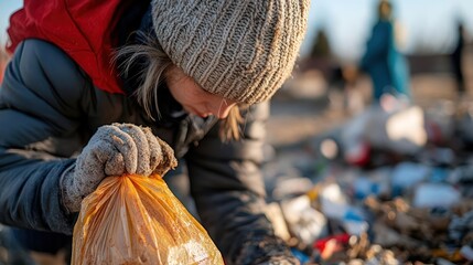 Person with a beanie cleaning up trash in the field, contributing to ecological welfare and