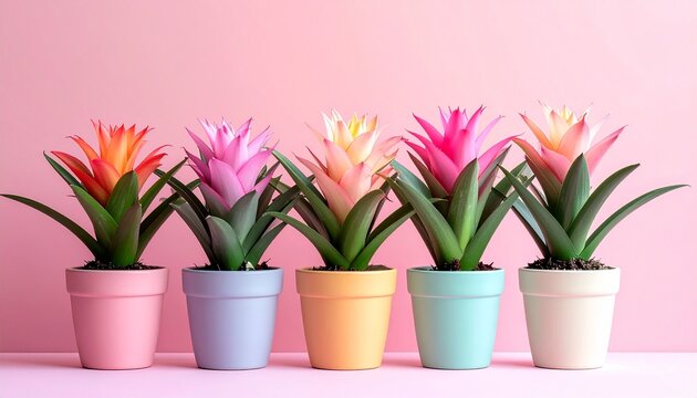 Bromeliad flowers in colorful pots on pastel pink background. 