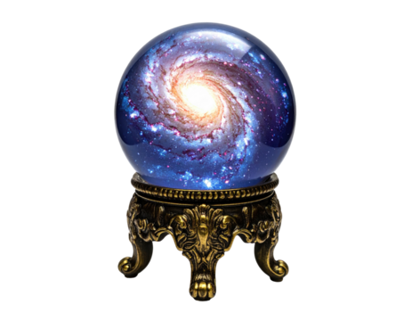 A luminous celestial spiral galaxy trapped within a crystal ball, supported by an ornate base - Powered by Adobe