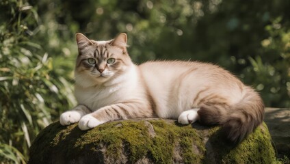 Obraz premium Elegant cat resting on mossy rock in natural sunlight.