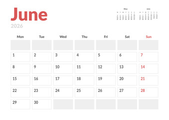 Monthly page Calendar Planner Template design of June 2026. Vector layout of calendar with week start Monday for Scheduling. Page for size A4 or 21x29.7 cm