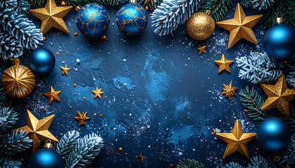 Christmas and New Year banner with blue baubles, golden stars, and frosted pine branches on a dark background. Holiday web design, social media, seasonal invitations, copy space, greeting cards 