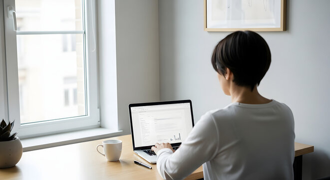 Focused Productivity at Desk: A woman, deeply engaged in her work, sits at a desk in a bright, inviting home office setting, typing on her laptop, a mug of coffee resting nearby.  - Powered by Adobe
