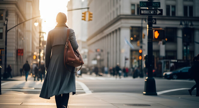 Urban Stroll: A solitary figure, a person in a stylish overcoat, embarks on a walk through a vibrant city. The setting sun casts a warm glow, adding to the allure of the urban scene.