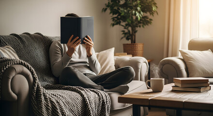 Reading Retreat: A person is engrossed in a book on a comfortable sofa within a cozy living room, creating a serene moment of literary escape.