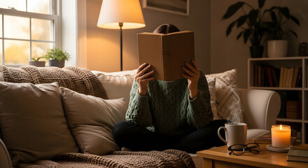 Serene Reading Nook: A person absorbed in a book, nestled comfortably on a cozy sofa in a tranquil setting, enhanced by the soft glow of a lamp and candlelight. 