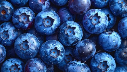 Pile of blueberries flatlay closeup as background. 