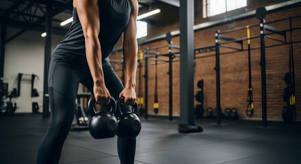 Kettlebell Workout: A dedicated individual, clad in athletic attire, executes a focused kettlebell workout in a functional training facility, embracing strength and wellness. 