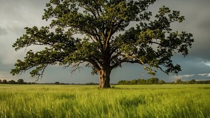 A majestic lone oak tree standing resiliently in the center of an expansive, undulating green field, symbolizing natural endurance and solitude. Wide angle, static shot emphasizing the tree's?