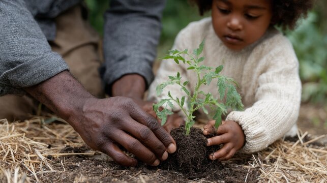Parent and child gardening, caring hands planting a tomato seedling in soil — warm family bonding, natural light lifestyle scene for sustainability and eco
