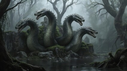 Fototapeta premium Mysterious Hydra Creature Emerging from a Dark Enchanted Forest.