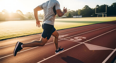 Focused sprint: A determined athlete charges forward on a track, embodying speed and the spirit of competition under the radiant sunlight.