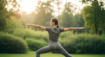Harmony in Nature: A woman performs yoga in a serene outdoor setting, connecting with the natural world and embracing a healthy lifestyle.