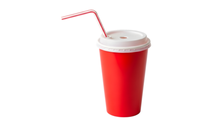Bright red disposable cup with white lid and red and white striped straw isolated on a transparent background