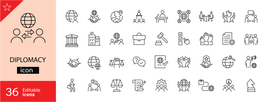 Diplomacy icons set. Includes symbols of negotiation, international relations, handshake agreements, communication, global cooperation, and conflict resolution. Editable stroke. Vector illustration.