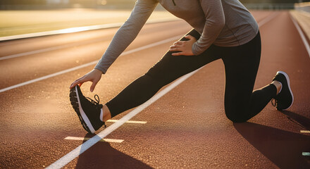 Stretching before Exercise: A determined individual stretches their leg on a running track, preparing for a workout amidst the backdrop of a bright morning.