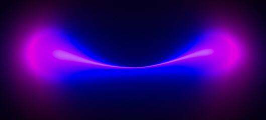 Symmetrical electric blue and magenta neon light forms an abstract, mesmerizing, curved shape resembling intense glowing eyes or horns in darkness.