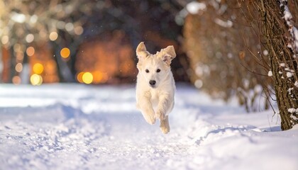 Cute happy white and beige puppy dog jumping and playing in snowy winter garden. Snowflakes falling, bokeh light. 
