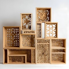 Collection of intricately carved wooden boxes and trays with geometric and floral patterns