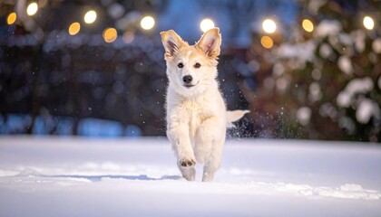 Cute happy white and beige puppy dog jumping and playing in snowy winter garden. Snowflakes falling, bokeh light. 
