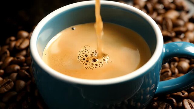 Pouring Coffee into a Blue Mug Surrounded by Coffee Beans.