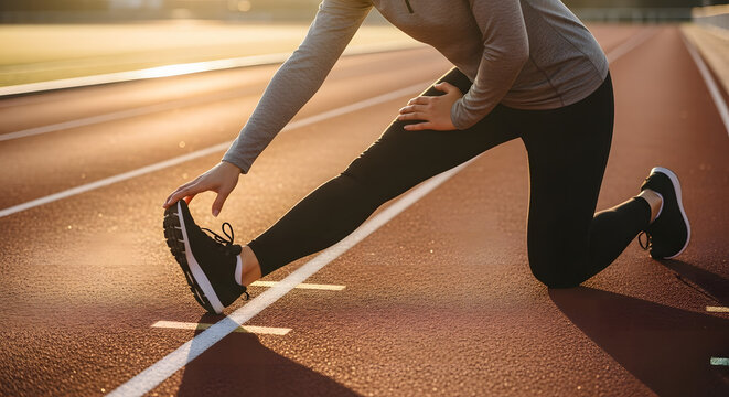 Stretching before Exercise: A determined individual stretches their leg on a running track, preparing for a workout amidst the backdrop of a bright morning.