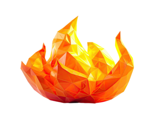 Graphic rendering of stylized flame with geometric shapes and bright colors against a black backdrop
