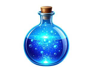 A fantasy elixir bottle, illuminated, filled with a vibrant blue liquid and bubbles