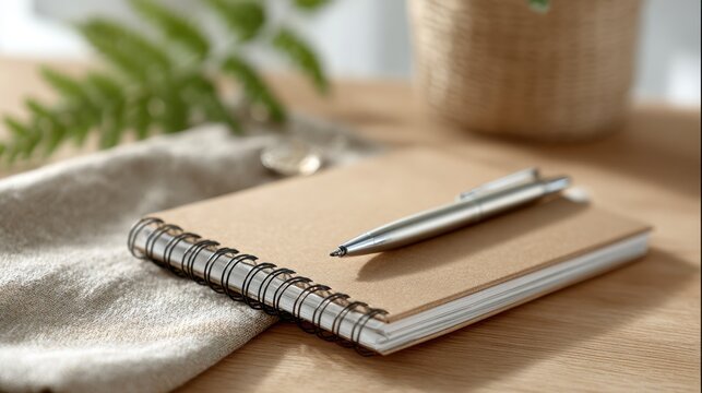 Notebook on desk with pen, calm minimal workspace scene; spiral kraft journal on wooden surface in natural light, designed for planning, productivity, and clean stationery still life branding