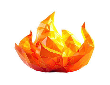Graphic rendering of stylized flame with geometric shapes and bright colors against a black backdrop