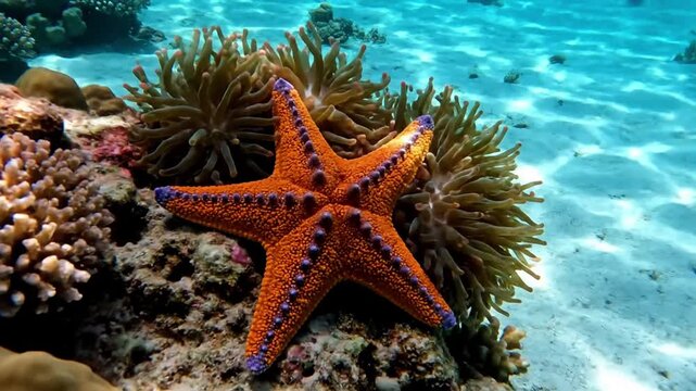 Vibrant starfish gently clinging to a coral reef, showcasing its intricate dermal ossicles and radial symmetry in crystal clear ocean water. close up