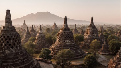 Fototapeta premium Ancient Buddhist Temples in Java, Indonesia, with Mountain Backdrop.