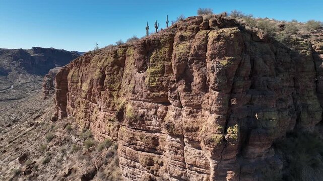 Aerial view of majestic saguaro cacti dotting the arid desert landscape under a clear blue sky, Apache Junction, Arizona, United States.