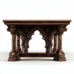 Ornate dark wood table with gothic architectural details and carved legs