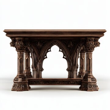 Ornate dark wood table with gothic architectural details and carved legs