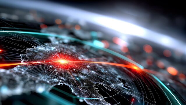 Global network connecting continents with bright light trails representing data flow and digital information exchange across world map technology infrastructure