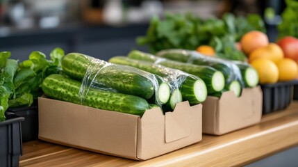 Freshly harvested cucumbers in cardboard boxes, offering a taste of nature's goodness and healthy