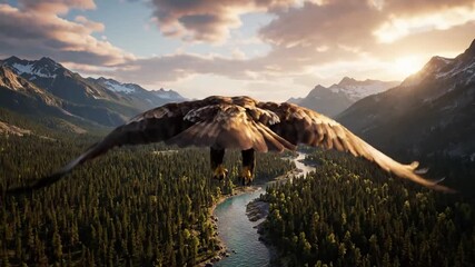 Close up perspective of an eagle's intense, sharp eyes, keenly scanning the vast wilderness below from a high vantage point, emphasizing its predatory focus.