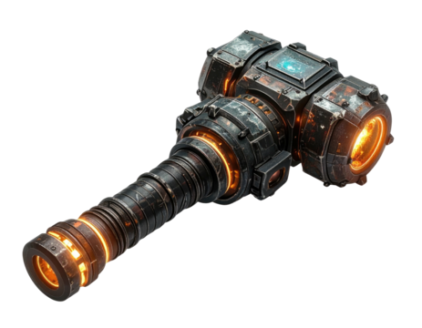 A futuristic, glowing war hammer with intricate details and a darkened, worn metallic appearance
