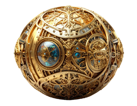 Ornate golden sphere with intricate mechanical details, clockwork-like aesthetics, and embedded celestial views