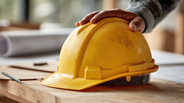 Construction safety—worker hand calmly resting on yellow helmet hardhat, realistic closeup on wooden workbench, professional style emphasizing protection, compliance, and equipment readiness for