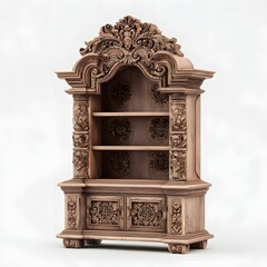 Antique ornate carved wooden display cabinet with shelves and doors
