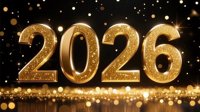 Sparkling golden 2026 countdown with festive fireworks and bokeh lights for New Year's Eve celebrations