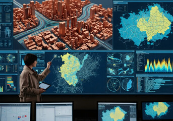 Woman analyzes smart city data on a large screen displaying a 3D city model and maps. Urban planning and intelligent traffic management concept.